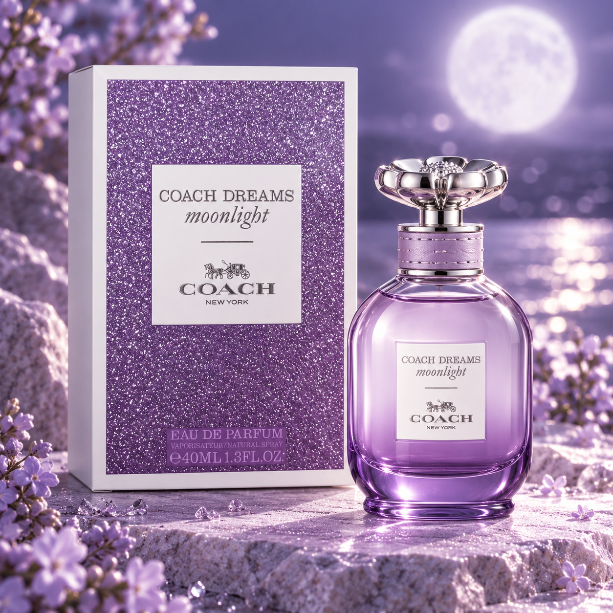 Coach Dreams Moonlight 40 ml bottle beside its purple box