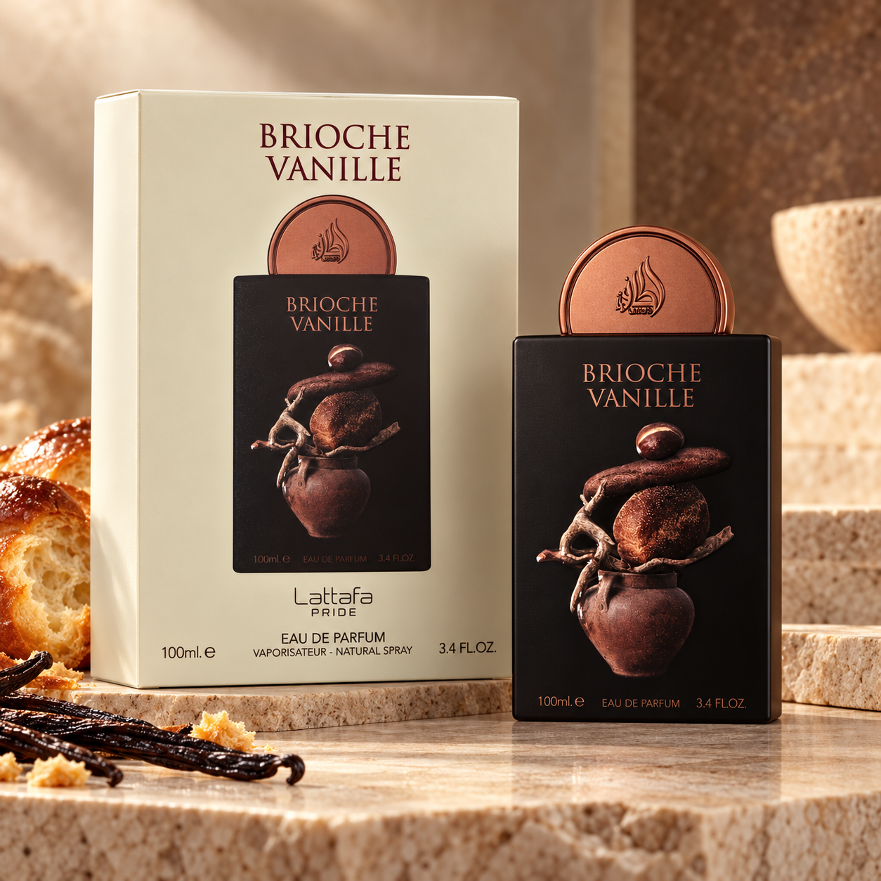 Lattafa Pride Brioche Vanille 100 ml bottle beside its illustrated box