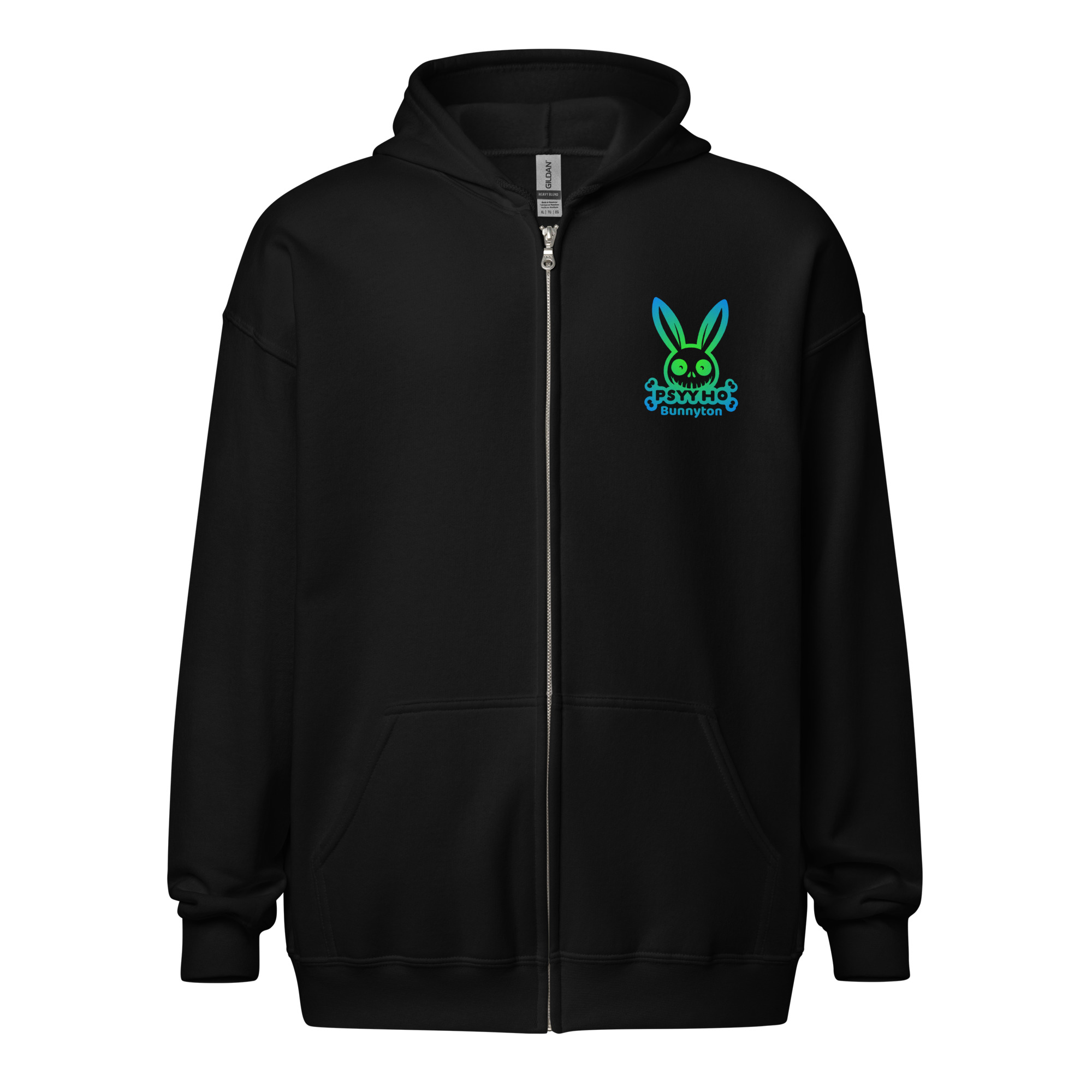 Unisex heavy blend zip hoodie PSYYHO BUNNYTON Neon Blue-Green Logo