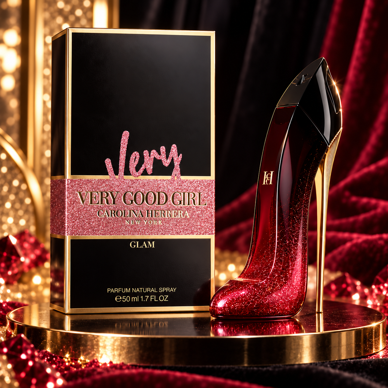 Very Good Girl Glam 50 ml stiletto bottle beside its box