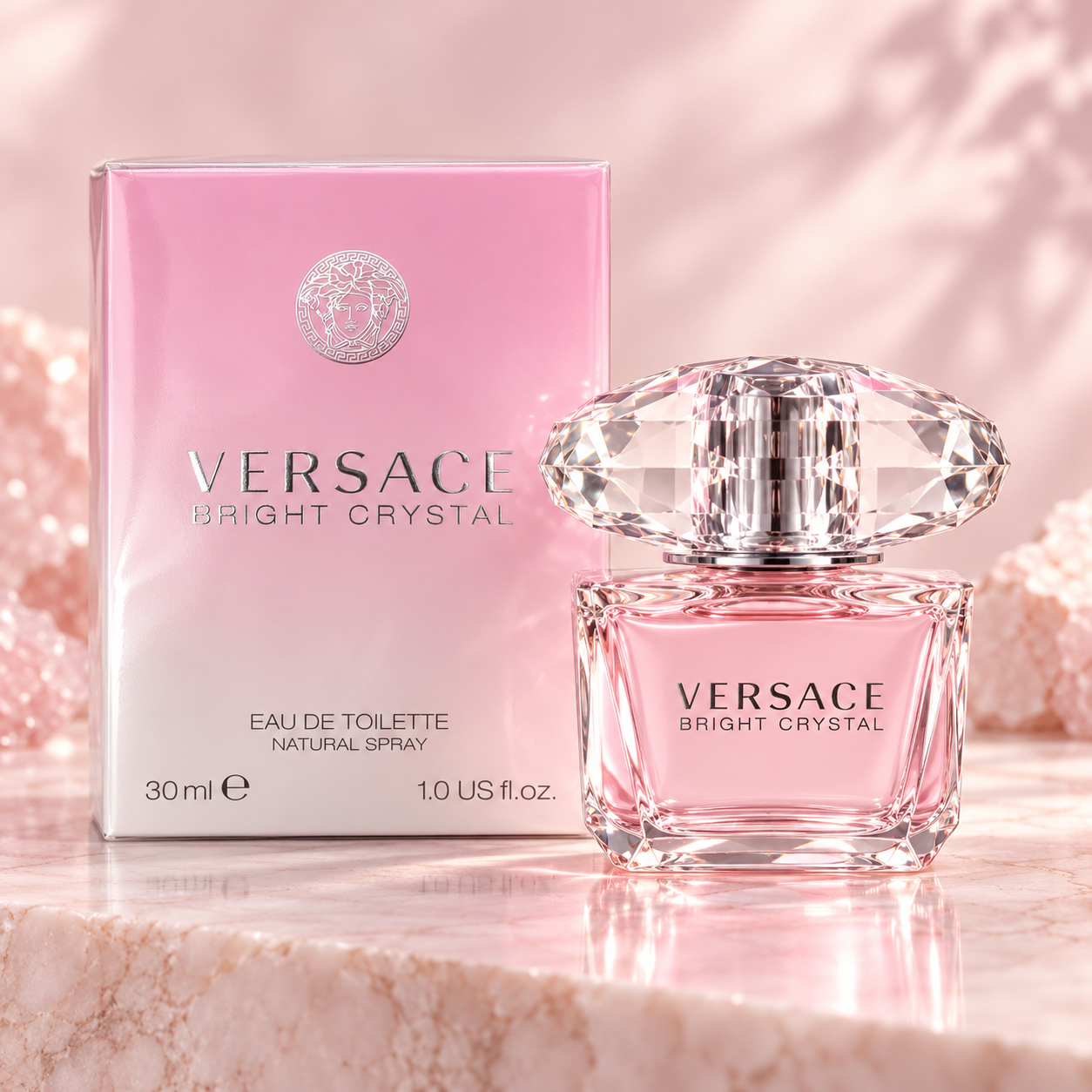 Versace Bright Crystal 30 ml bottle beside its pink box