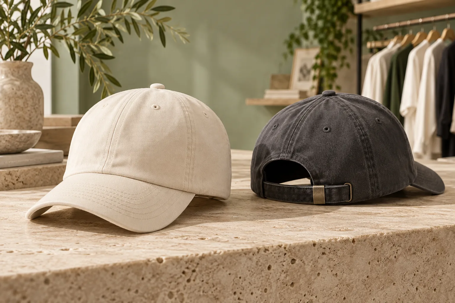 Baseball caps in neutral tones