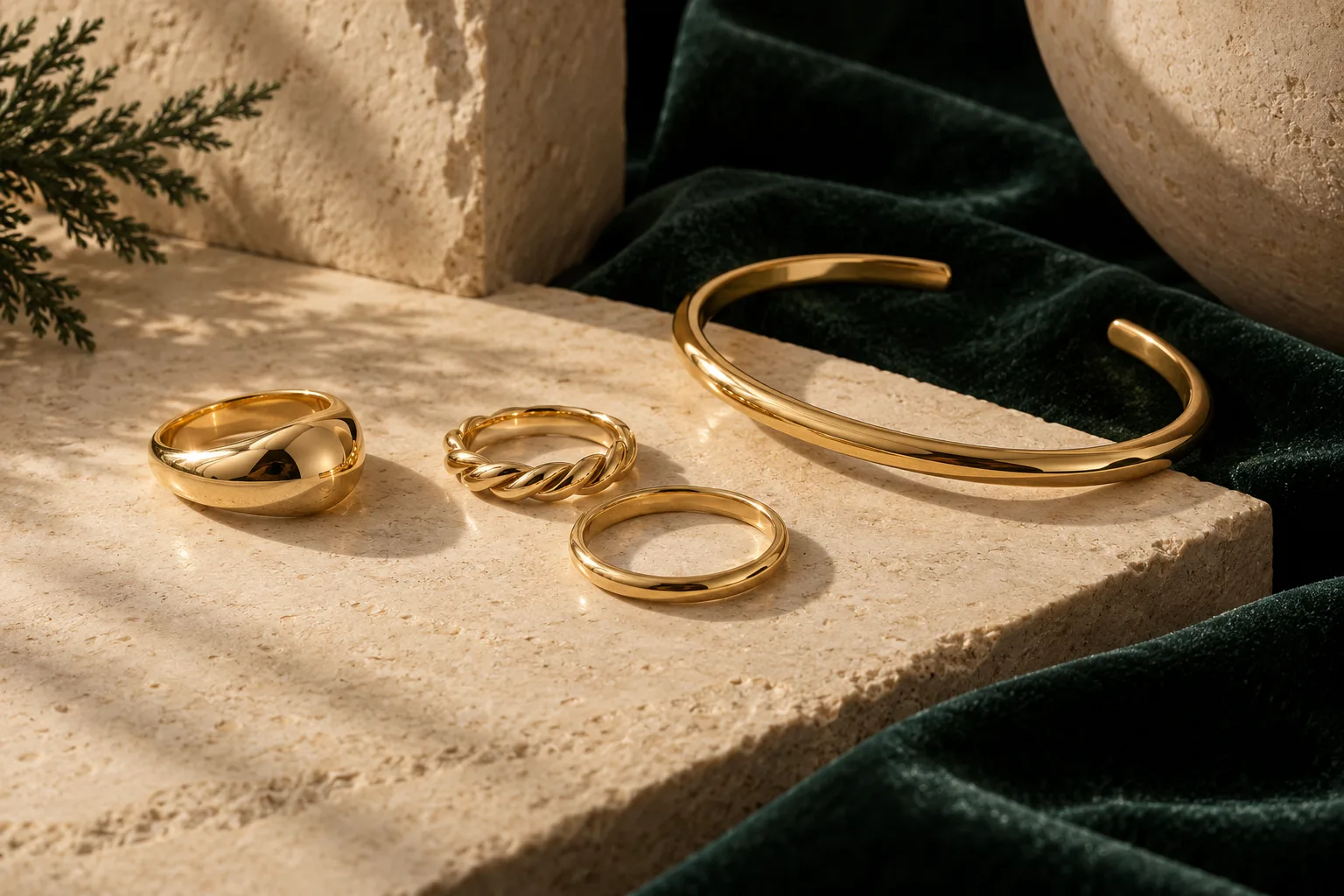 Gold-tone rings and bracelet on stone