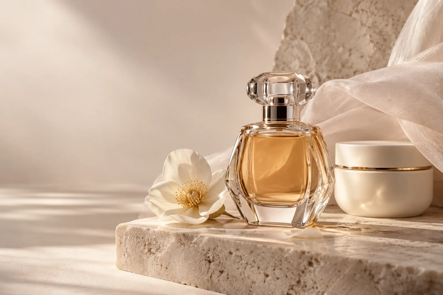 Perfume bottle and cosmetic on light stone