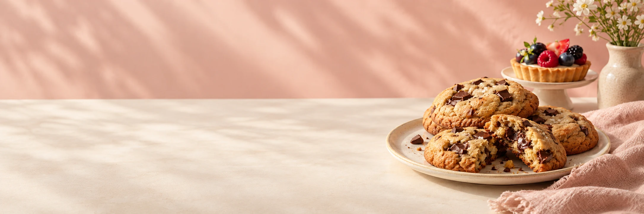 Composición panorámica de galletas estilo New York y postres caseros