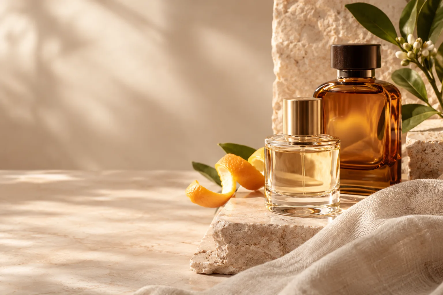 Perfume with fragrance elements in an editorial composition